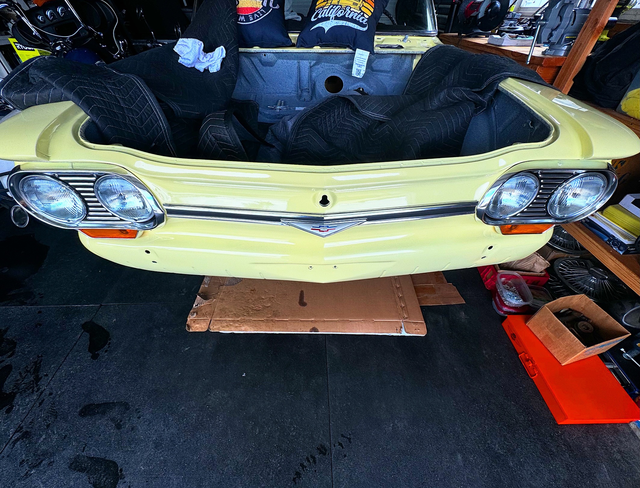 1964 Corvair rebuilt engine installation during reassembly phase