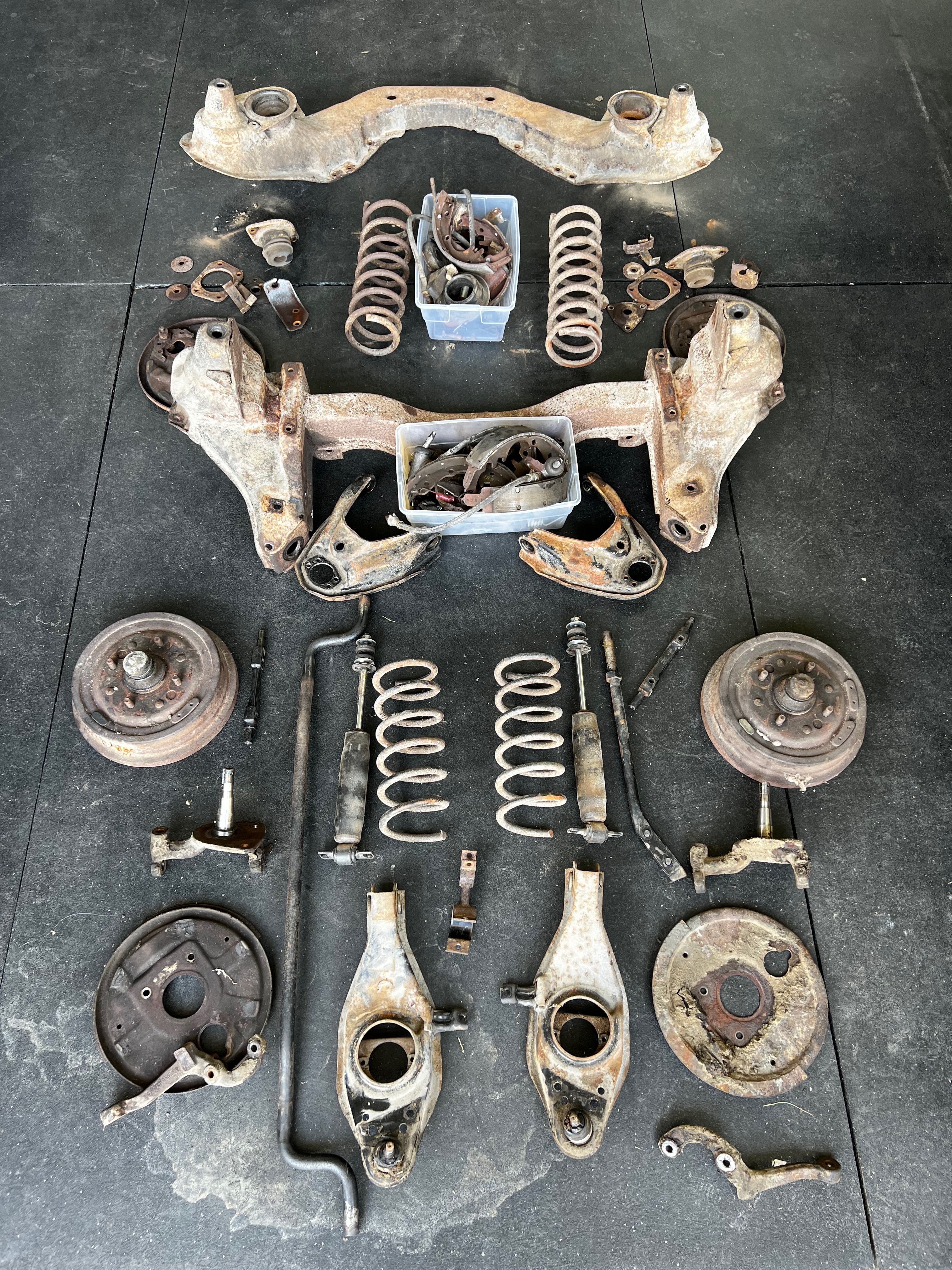 1964 Corvair organized parts bins during disassembly