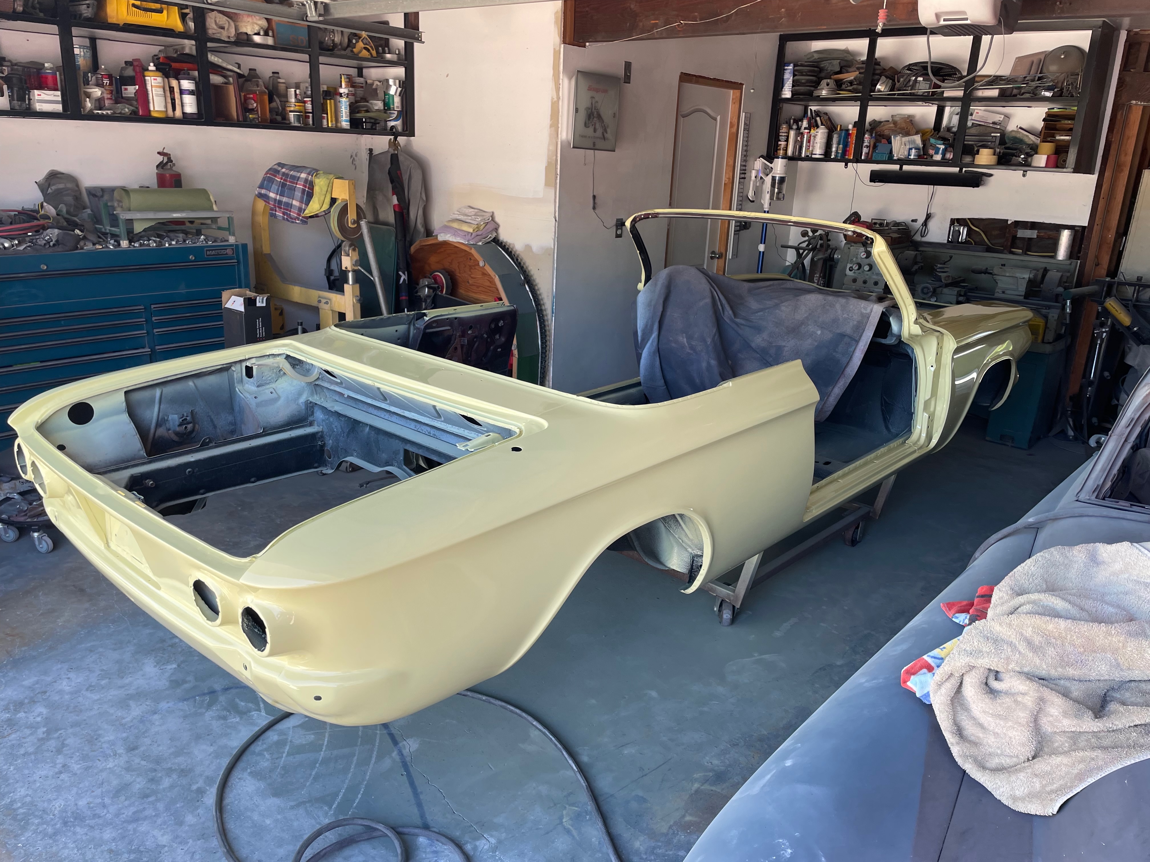 1964 Corvair paint masking preparation during body-paint phase